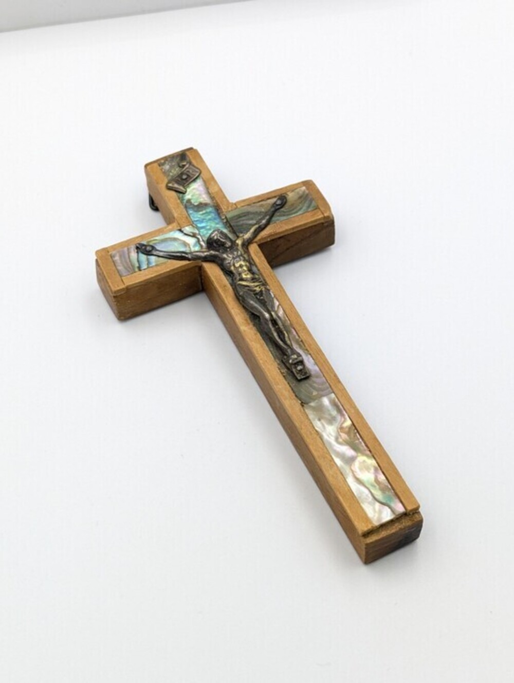 Wood wall hanging cross crucifix abalone shell inlay